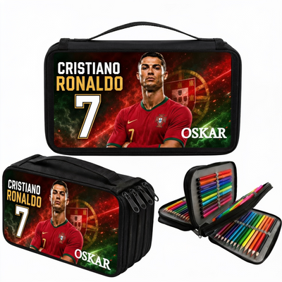 Personalizowany piórnik czterokomorowy Cristiano Ronaldo z imieniem – piórnik dla fana piłki nożnej